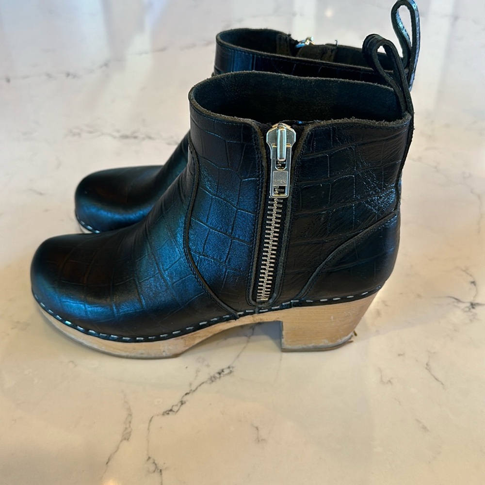 Swedish Hasbeens black crocodile booties